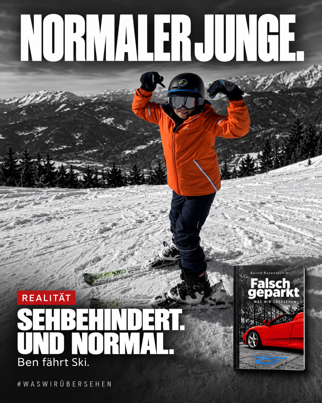 Normaler Junge. Ben fährt Ski.